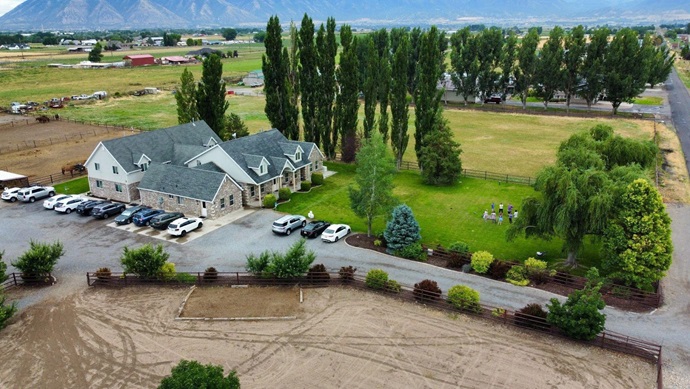 An aerial view of Maple Lake Academy’s girls campus, including a group therapy session
